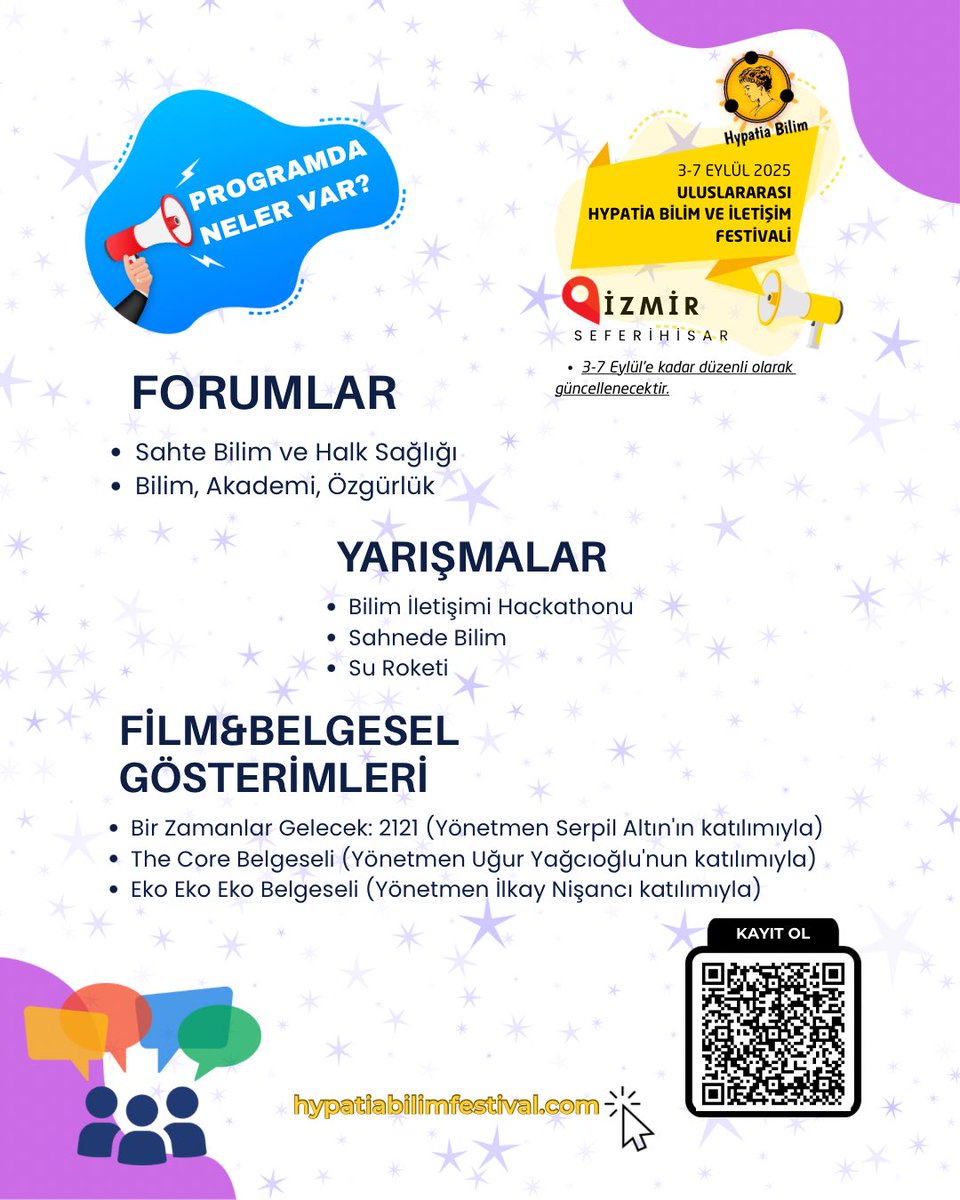 📣 Değerli bilimseverler Hypatia Bilim Festival Programı sizlerle!

Uluslararası Hypatia Bilim ve İletişim Festivali 3-7 Eylül’de dopdolu bir içerikle geliyor! 

🔬 Kuantumdan yapay zekâya,
🌍 Mikroplastiklerden iklim krizine,
🎭 Bilim kurgu sinemasından sahte bilime, 
🚀Uzay
