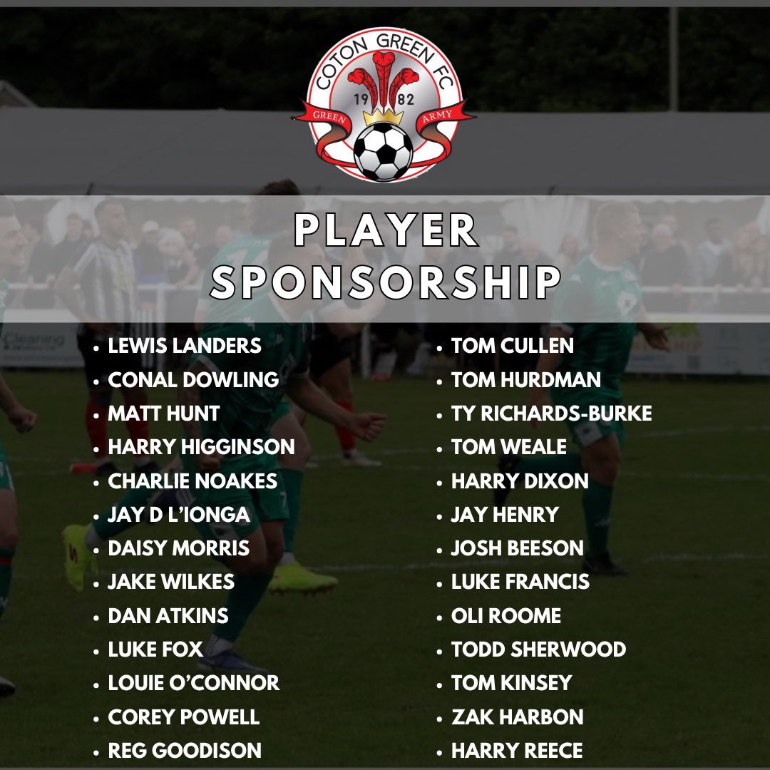 ☑️ | PLAYER SPONSORSHIP

We are pleased to be able to offer our First Team player sponsorship for the 25/26 season 🙌🏻

For just £50, you can enjoy the benefits listed on the graphic, worth in excess of the initial sponsorship fee 🤝🏻

DM us for more info 📩

🟢⚫️🔴

#GreenArmy