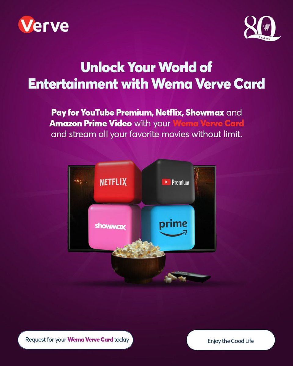 Your Favorite Shows, One Card Away!

Endless entertainment.
From Netflix to Showmax — your Wema Verve Card has you covered

All your faves, one swipe away!

Request yours today and enjoy the Good Life.

#WemaBank #WemaVerveCard #EntertainmentUnlocked