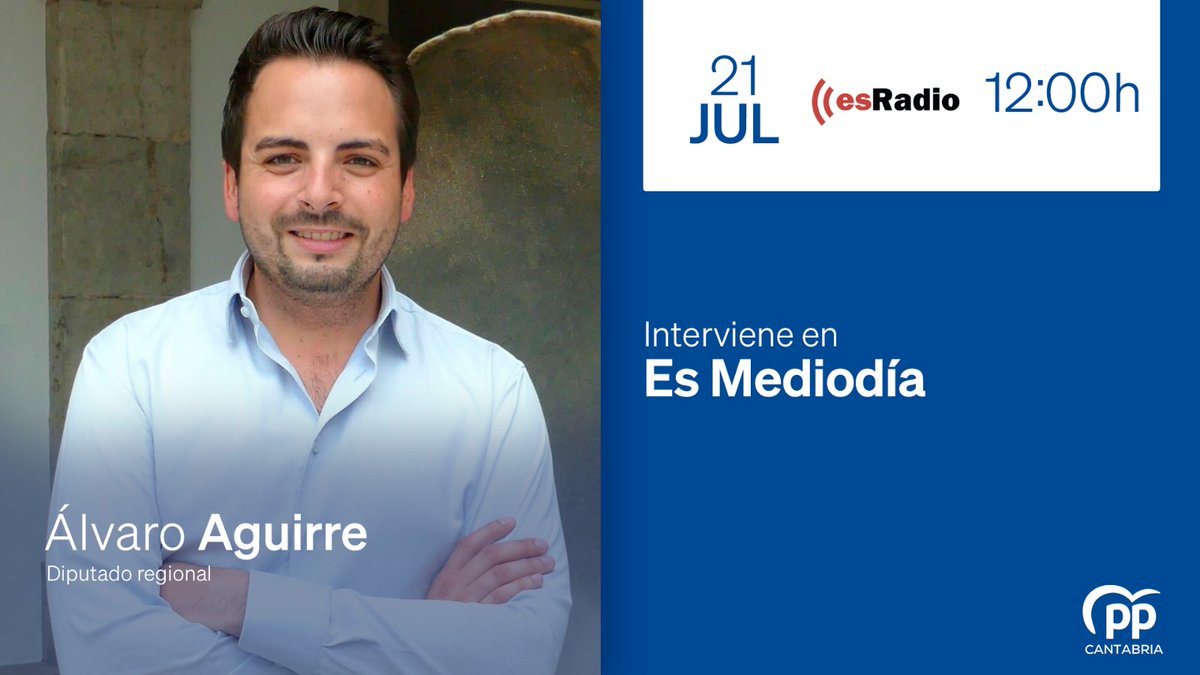 ppcantabria (@ppcantabria) on Twitter photo 📻 Este lunes, a partir de las 12:00 horas, nuestro diputado autonómico <a href="/alvaroaguirrepe/">Álvaro Aguirre</a>, interviene en el programa #EsMediodía, de <a href="/esRadio_Can/">esRadioCantabria</a>
📡 Escúchalo en Santander en el 106.4, Torrelavega 102.7 y Valles Pasiegos 105.3 FM y online en esradiocantabria.es 📻 Este lunes, a partir de las 12:00 horas, nuestro diputado autonómico <a href="/alvaroaguirrepe/">Álvaro Aguirre</a>, interviene en el programa #EsMediodía, de <a href="/esRadio_Can/">esRadioCantabria</a>
📡 Escúchalo en Santander en el 106.4, Torrelavega 102.7 y Valles Pasiegos 105.3 FM y online en esradiocantabria.es