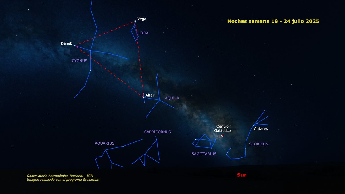 Si estás en un sitio con poca contaminación lumínica, aprovecha los cielos sin Luna de esta semana para ver la Vía Láctea, que estos días cruza el cielo de norte a sur a primeras horas de la noche. El invisible centro de nuestra galaxia se encuentra cerca de Sagitario.
