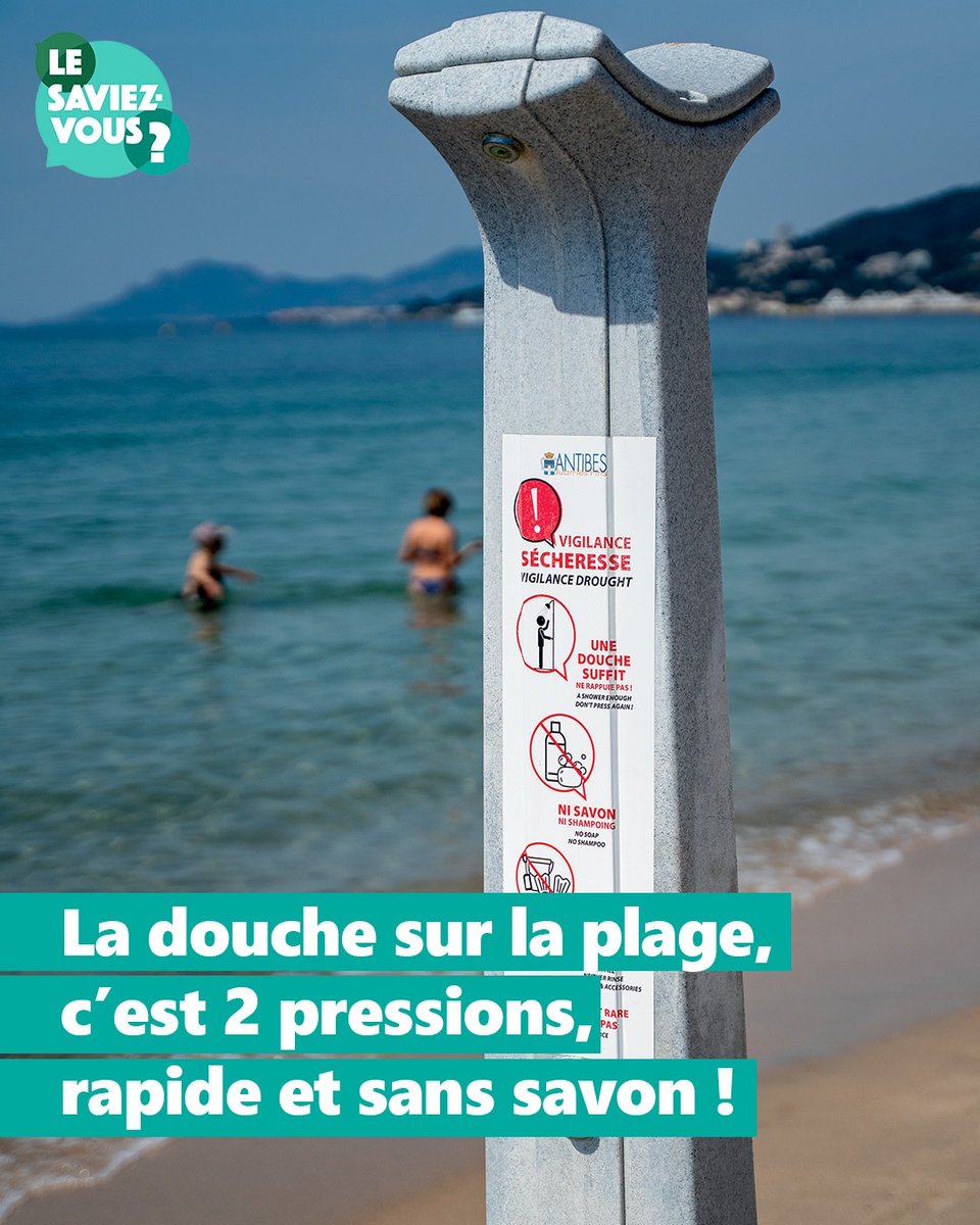 antibes_jlp's tweet image. 🤔 Le saviez-vous❓
🚿 Deux pressions suffisent pour se rincer sousles douches de plage
🟢 Adoptez un comportement éco-citoyen : l’eau est une ressource précieuse. N’utilisez pas de savon sur la plage et ne restez pas des heures sous la douche !
💡 Savoir + 👉…