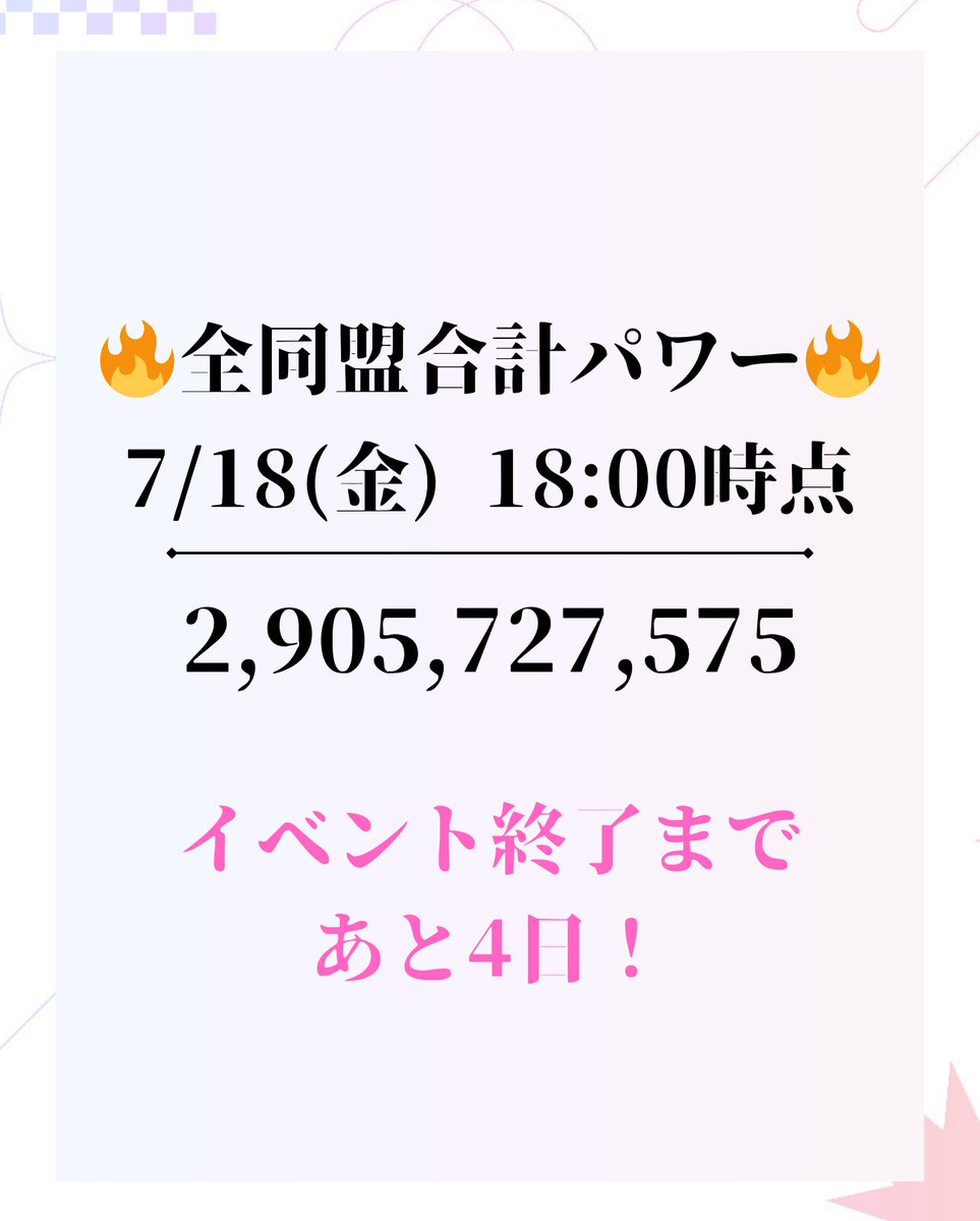 ebst_event_04's tweet image. 【パワー速報📢】
イベント終了まで残り4日!
本日18時時点での全同盟合計パワーはこちらです✨️
いよいよ、イベント終了最後の週末となります☝️👀
ここで一気にパワーを上げていきましょう!
#エバスト #にじエバ
