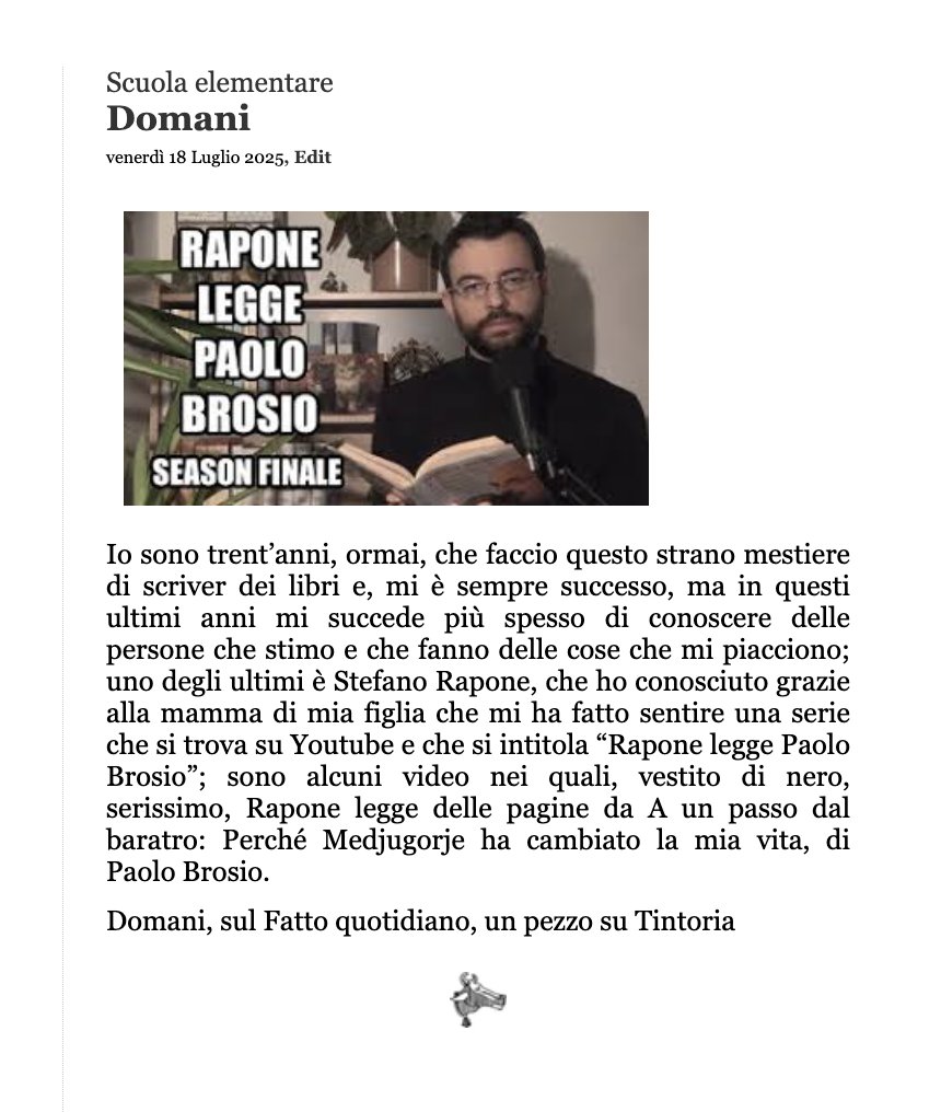 paolonori's tweet image. sono alcuni video nei quali, vestito di nero, serissimo, Rapone legge delle pagine da A un passo dal baratro: Perché Medjugorje ha cambiato la mia vita, di Paolo Brosio.
Domani, sul Fatto quotidiano, un pezzo su Tintoria