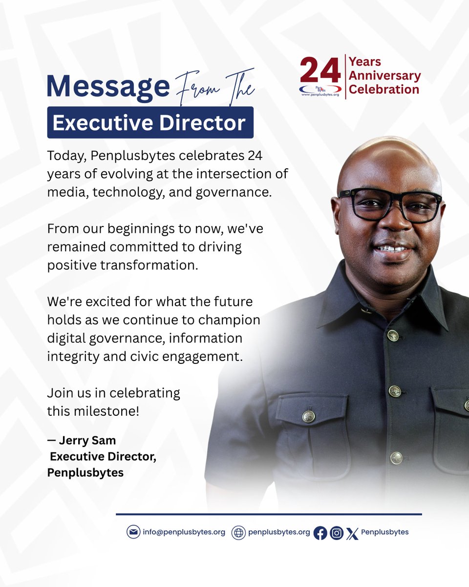 Today, as we mark 24 years of Penplusbytes, our Executive Director, <a href="/AfricaJerry/">AfricaJerry</a>, reflects on our journey of innovation at the intersection of media, technology, and governance. 

#PenplusbytesAt24
#PPBAtWork
#WorkAnniversaryWeek
#VoicesOfPPB