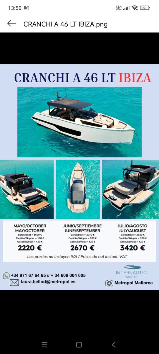 Internautic Yachts / Metropol Mallorca (@internautic2015) on Twitter photo CRANCHI A 46 LT FOR CHARTER IN IBIZA!!!
QUIERES ALQUILAR LA EMBARCACIÓN?
+34 608.004.005
Laura.bellod@metropolgroup.com CRANCHI A 46 LT FOR CHARTER IN IBIZA!!!
QUIERES ALQUILAR LA EMBARCACIÓN?
+34 608.004.005
Laura.bellod@metropolgroup.com