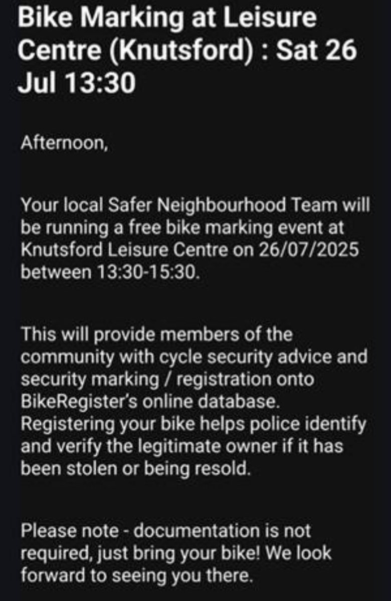 CycleWilmslow's tweet image. Bike marking event info