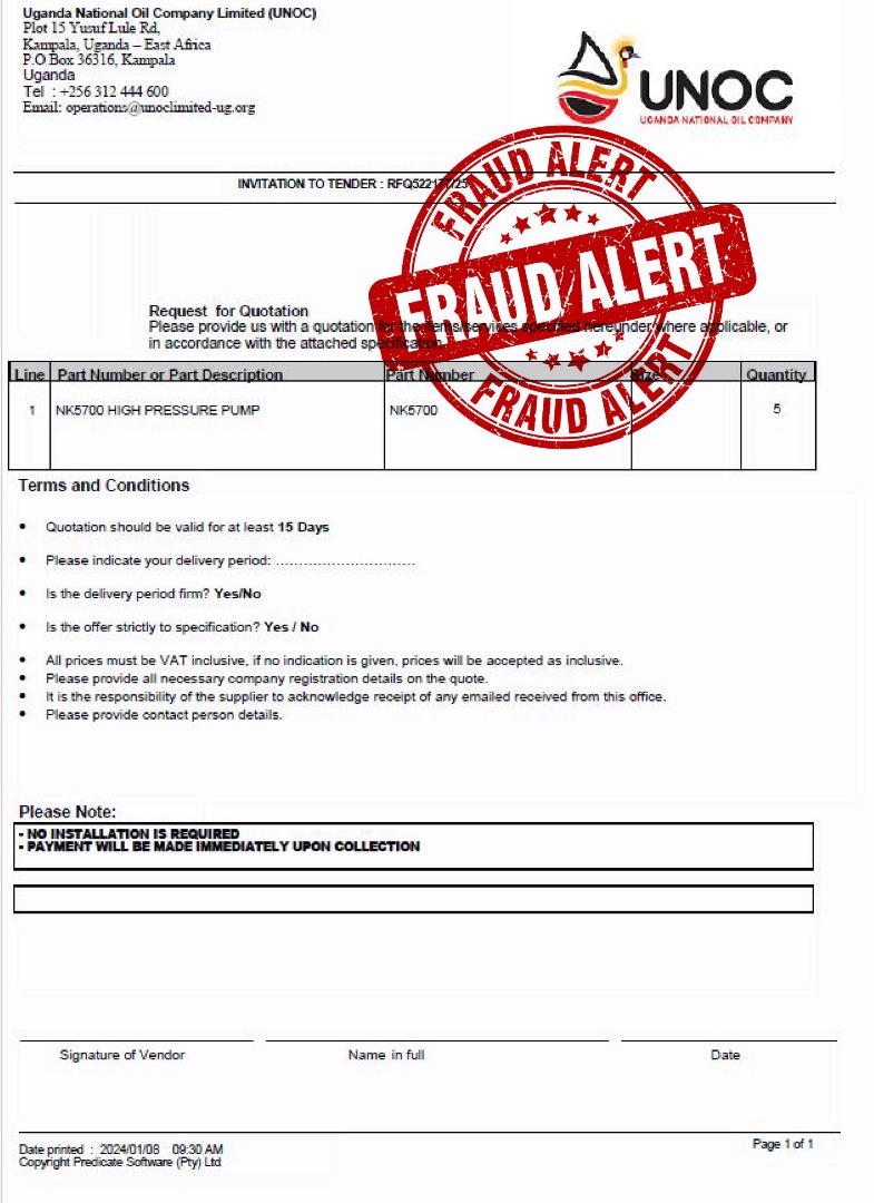 PAU_Uganda's tweet image. #FraudAlert
Disregard this fake request for requisition purportedly issued by @UNOC_UG and its officials.
All official advertisements and procurement opportunities are posted on the UNOC website and published in key newspapers.
#CreatingLastingValue