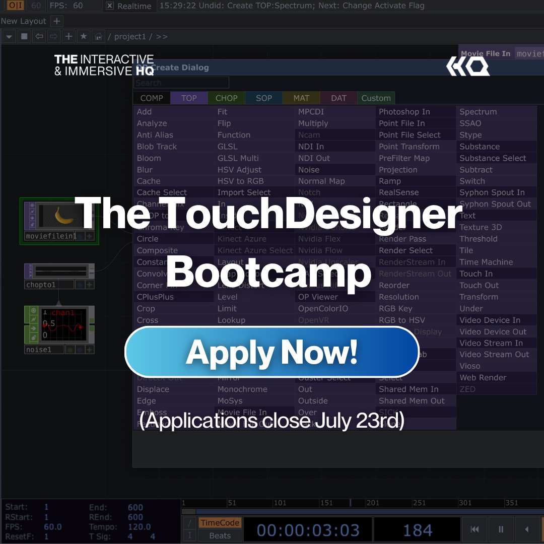 ImmersiveHq's tweet image. Applications are open again for our TouchDesigner Bootcamp! Learn more and apply now here: iihq.tv/bootcamp-twx

It’s a step-by-step program designed to take you from struggling beginner to industry-ready professional over the course of 4 months.

What’s included:
✅ Guided…