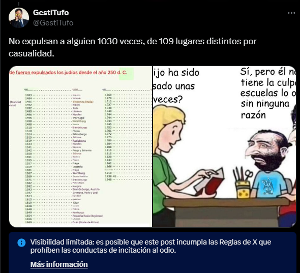 GestiTufo's tweet image. Visibilidad limitada e "incitación al odio" porque difundes un hecho probado y demostrado.
Que un grupo de gente de una religión concreta fue expulsado 1030 veces en 109 lugares a lo largo de los siglos.
Y eso que no he puesto los motivos de porqué los querían lejos🤣