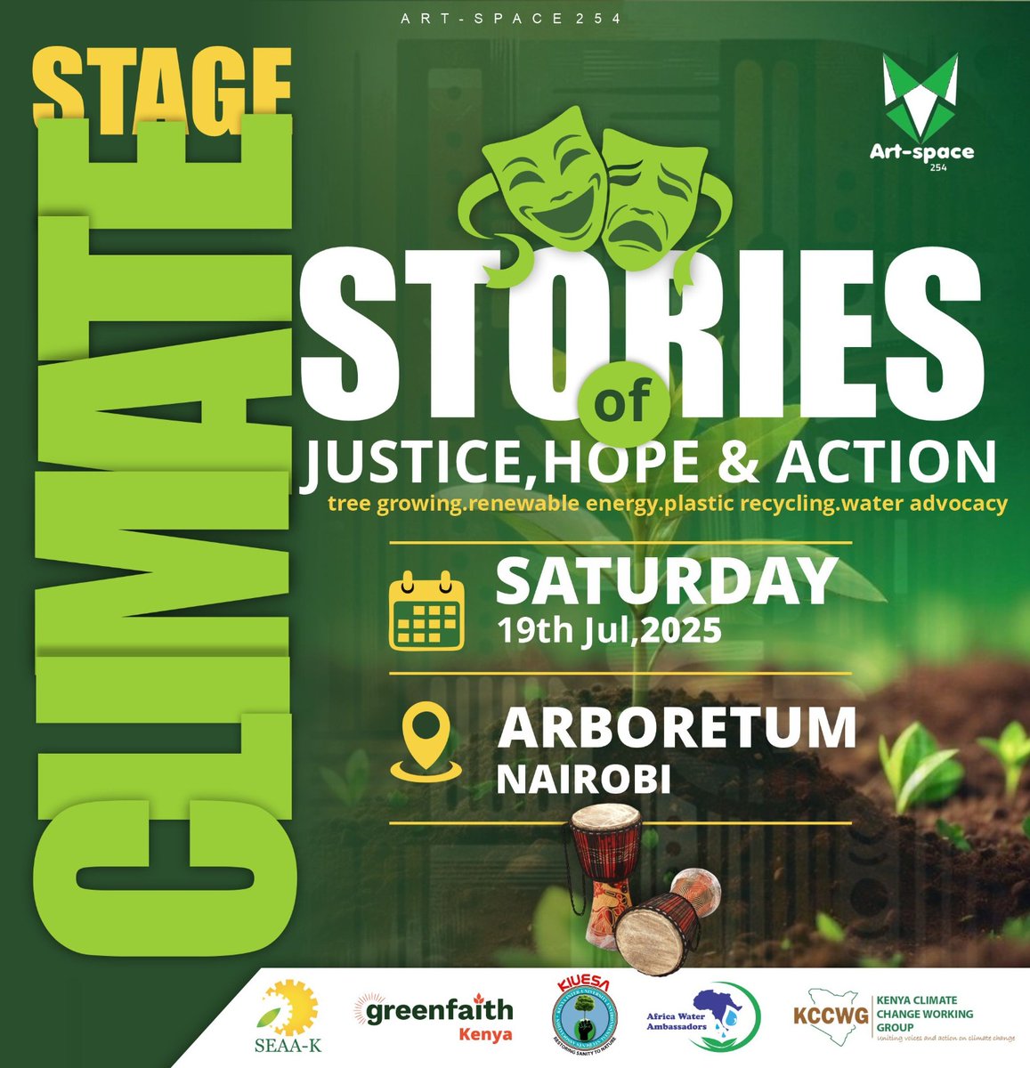 k_iuesa's tweet image. To amplify our voices creatively, inspire actions, and connect with , tree planting, renewable energy and water justice with real community impact, we bring to you #StageClimateStories in partnership with @SEAAKenya ,@artspace254 ,@KCCWG ,@GreenFaith_Afr @Africa_WaterAmb .