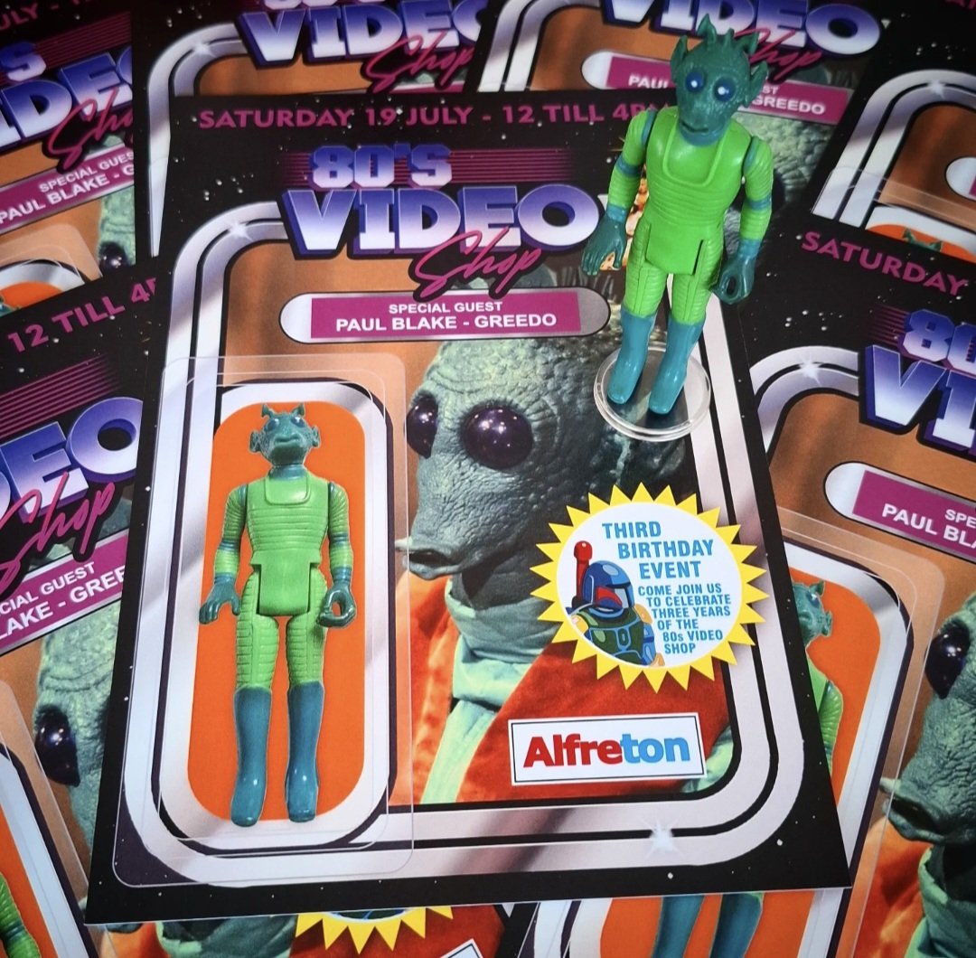 80sVideoShop's tweet image. It's our 3rd Birthday Event tomorrow with special guests Paul Blake (Greedo) in Star Wars along with Special FX Artist Bianca Judd.
We have these Greedo 80s Video Shop Replica Figure Card Backs for the first 25 people to come and meet Paul.
We'll be open from 12 midday - 4pm!