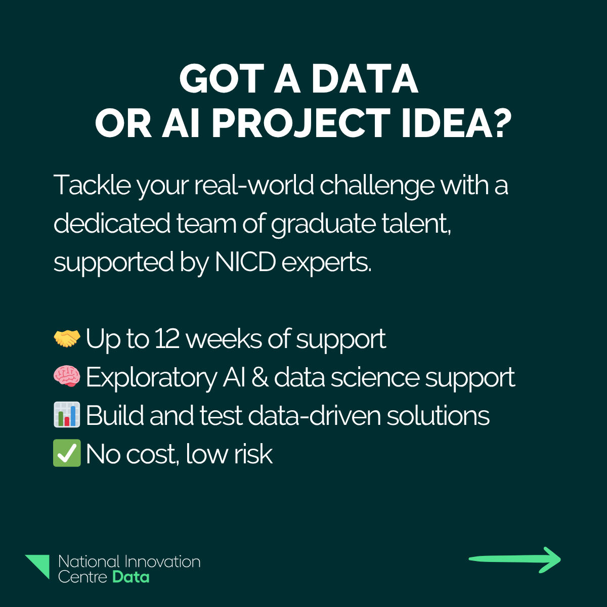 NICDATA's tweet image. Got a data or AI challenge? We are offering free business support via our AI Traineeship Programme, funded by @SciTechgovuk.
✅Low risk
✅Dedicated trainee team
✅Expert-backed
✅Tailored data/AI approach
📅 Apply by 1 Aug: bit.ly/3GDvgDg
Limited spots, register now!