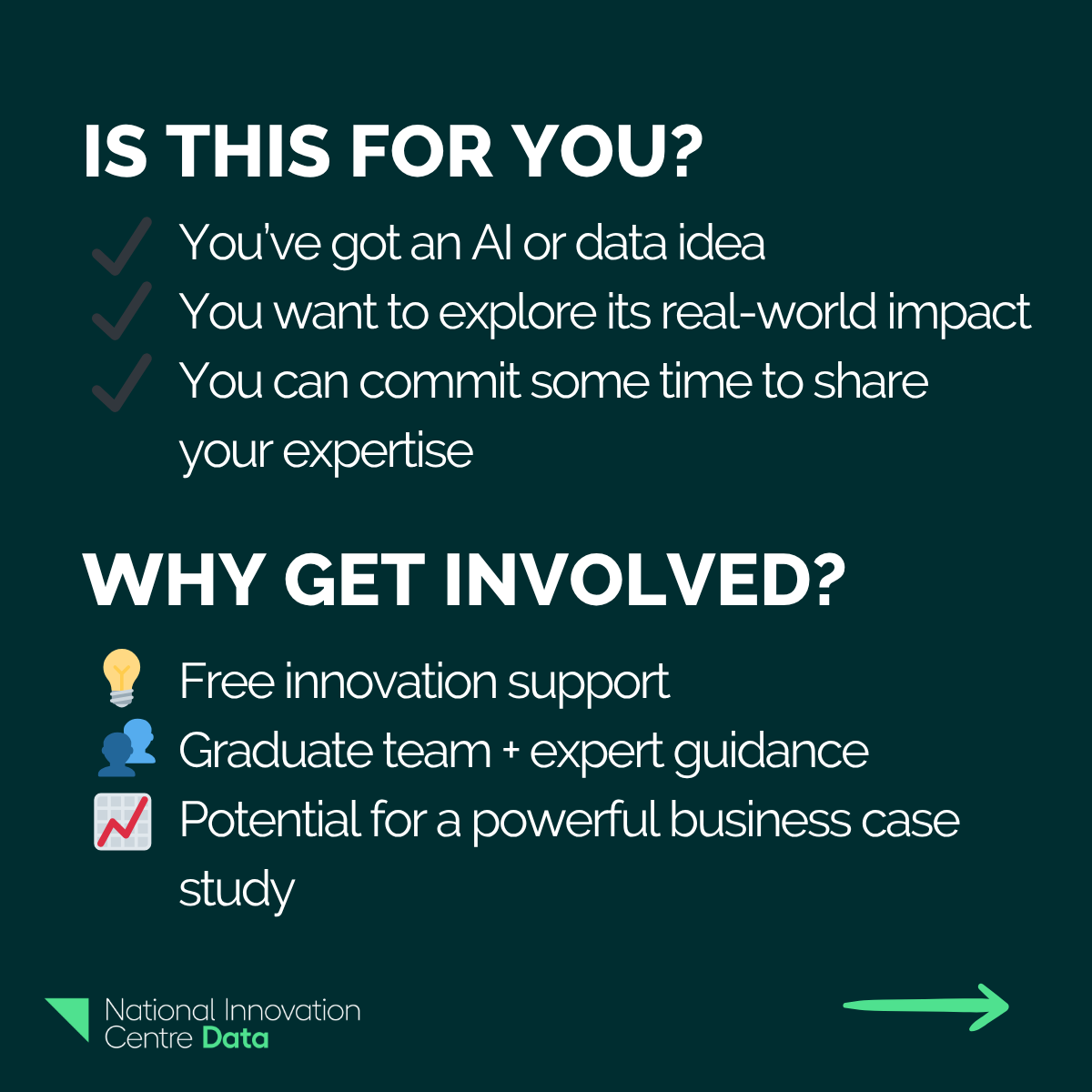 NICDATA's tweet image. Got a data or AI challenge? We are offering free business support via our AI Traineeship Programme, funded by @SciTechgovuk.
✅Low risk
✅Dedicated trainee team
✅Expert-backed
✅Tailored data/AI approach
📅 Apply by 1 Aug: bit.ly/3GDvgDg
Limited spots, register now!