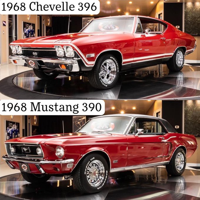 mechincFigure's tweet image. Two legendary muscle cars, side by side!
The 1968 Chevelle 396 delivers brute Chevy power with iconic SS styling, while the 1968 Mustang 390 offers classic Ford muscle with sleek lines and GT heritage. Both bold, both beautiful—pure American performance history on wheels. 🔥