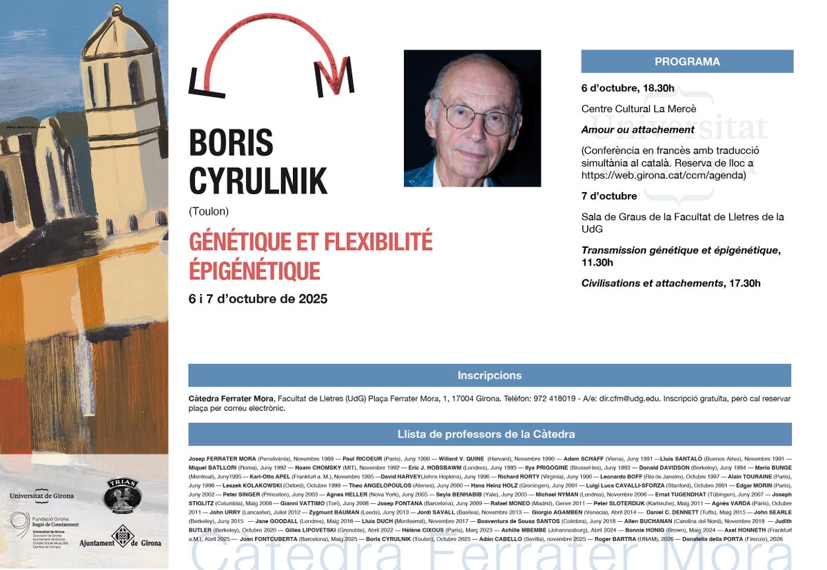 Boris Cyrulnik, un dels grans referents de la psicologia moderna, neuròleg, psicoanalista, psiquiatre i etòleg de formació, considerat un dels pares de la noció de resiliència i un dels fundadors de l’etologia humana, serà el proper convidat de la Càtedra.+catedraferratermora.cat
