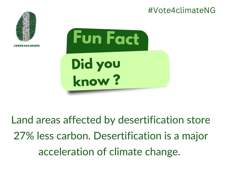 Vote4ClimateNG's tweet image. It is weekend to remember that carbon sinks are crucial for our planet. Desertification threatens ecosystem,we must act now to preserve our land.
Let us join hands to combat desertification.
#vote4climate #vote4climateNg #AACJ #Carbonsinks #Desertification #Saveourplanet