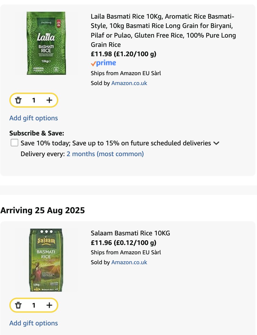 catchagem_'s tweet image. Laila & Salaam Basmati Rice (10KG) reduced to just Β£11.98 @ Amazon! (Typically Β£18-20) π
ad: Add to cart here >> bit.ly/4lUGa6C