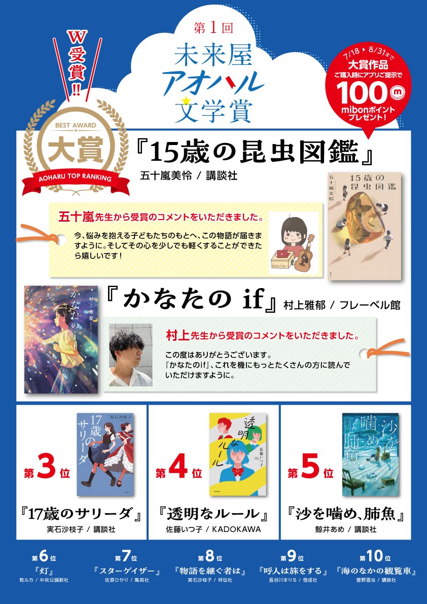 ms_itabashi's tweet image. #第1回未来屋アオハル文学賞 
本日発表！！🎉🎉
大賞は...
五十嵐美怜さん 『15歳の昆虫図鑑』
村上雅郁さん 『かなたのif』
のW受賞
未来屋書店の児童書アドバイザーが選んだ、10代に今届けたい物語
どちらも思春期の記憶を持つすべて人の心に響く作品です