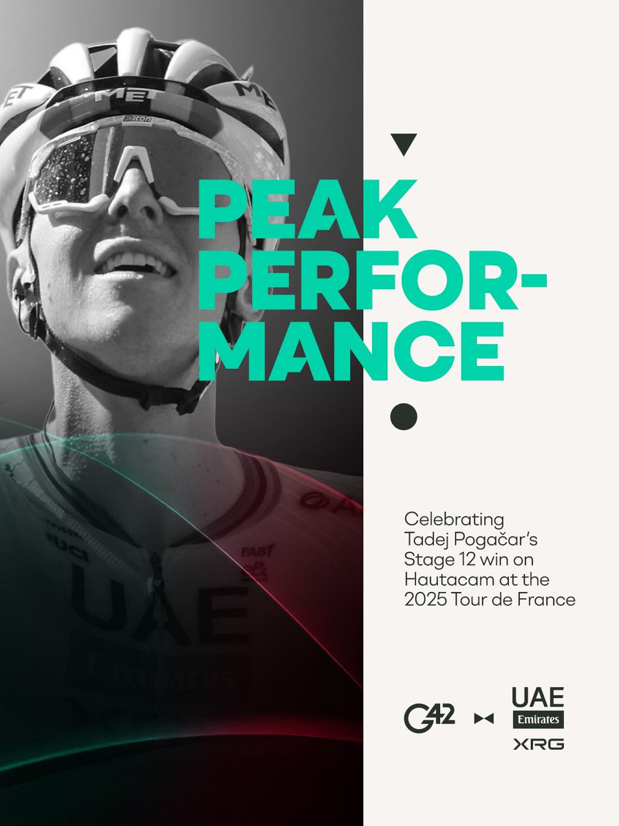 G42ai's tweet image. @TamauPogi powers to his third win of #TDF2025 - and the 20th Tour de France stage victory of his career - on the race’s first mountain finish. 🚵🏻‍♂️

The @TeamEmiratesUAE star is back in yellow, leading the race by over 2 minutes after Stage 12. 💛

And maybe it’s your helmet…