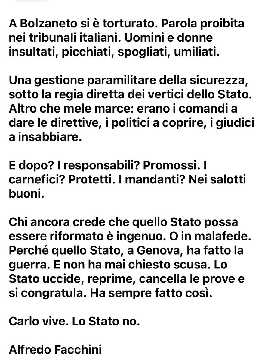 streetcnina's tweet image. CARLO VIVE LO STATO NO
Genova 2001 non è stata una parentesi. Né un’eccezione.
È stata un test di sistema, una prova generale di repressione sotto le insegne dell’Occidente che si autoproclama democratico.
#CarloGiuliani
#Genova2001