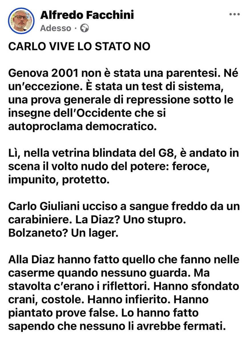 streetcnina's tweet image. CARLO VIVE LO STATO NO
Genova 2001 non è stata una parentesi. Né un’eccezione.
È stata un test di sistema, una prova generale di repressione sotto le insegne dell’Occidente che si autoproclama democratico.
#CarloGiuliani
#Genova2001