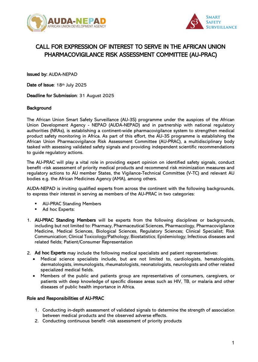 NEPAD_Agency's tweet image. Expression of Interest: Join the African Union Pharmacovigilance Risk Assessment Committee (AU-PRAC)
Are you passionate about enhancing the safety profile of priority medical products used in healthcare settings across Africa?
Do you have proven expertise in fields such as…