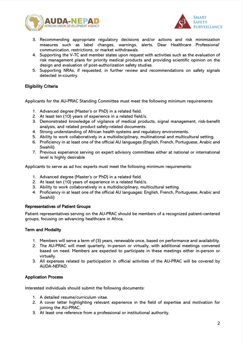 NEPAD_Agency's tweet image. Expression of Interest: Join the African Union Pharmacovigilance Risk Assessment Committee (AU-PRAC)
Are you passionate about enhancing the safety profile of priority medical products used in healthcare settings across Africa?
Do you have proven expertise in fields such as…