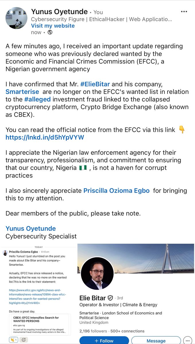 I have confirmed that Mr. #ElieBitar and his company, #Smarterise are no  longer on the @officialEFCC wanted list in relation to the #alleged  investment fraud linked to the collapsed cryptocurrency platform,CBEX  Source: