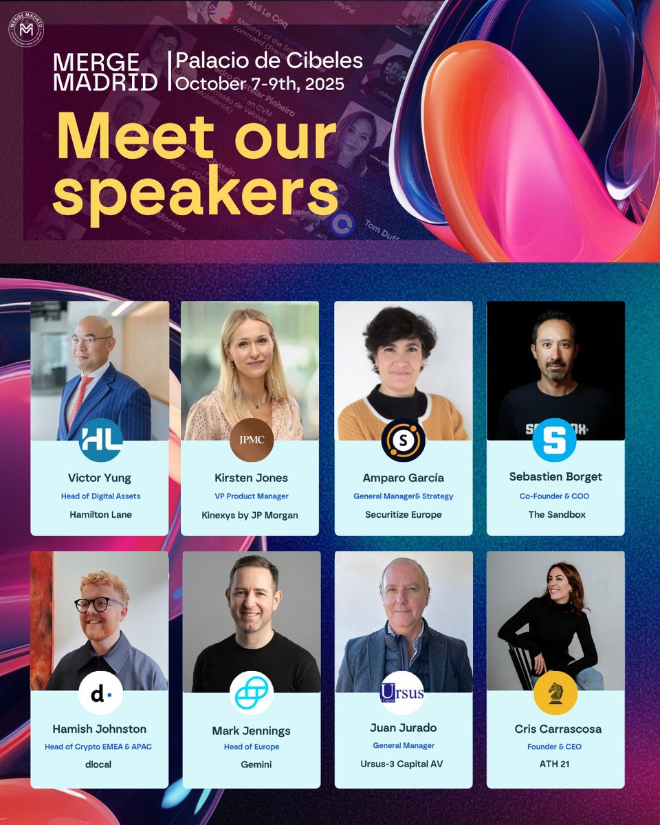 mmerge_io's tweet image. 🔥 Yes, this speaker lineup is real! These top voices just joined MERGE Madrid 2025:
👤 Victor Yung – Hamilton Lane
👤 Kirsten Jones – @JPMorgan
👤 Amparo García – @Securitize
👤 @borgetsebastien – @TheSandboxGame
👤 Hamish Johnston – @dLocalPayments
👤 Mark Jennings –…