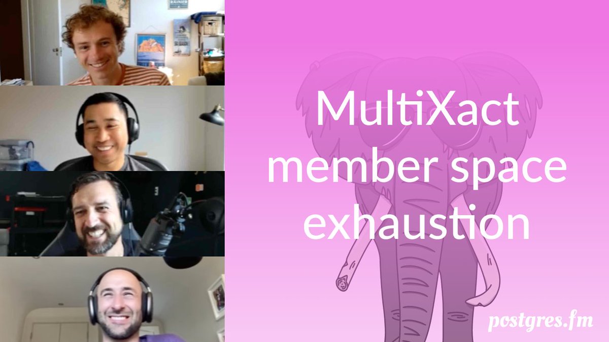 PostgresFM's tweet image. New episode: "MultiXact member space exhaustion"
Nikolay and Michael are joined by Andrew Johnson and Nate Brennand from Metronome to discuss the root cause of a recent incident they had, as well as some mitigation advice!
🎧 postgres.fm/episodes/multi…
📺 youtu.be/9KoP0rXbGKU