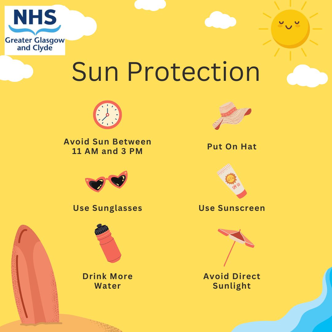 NHSGGCDiet's tweet image. ☀️ Stay safe in the sun with NHSGGC Dietetics!
✅ Avoid 11am–3pm sun
👒 Wear a hat
🕶️ Use sunglasses
🧴 Apply sunscreen
💧 Drink water
🌳 Seek shade
#SunSafety #HealthyLiving #Hydration #NHSGGC #SummerTips 
@BDAWOSBranch @NHSGGC