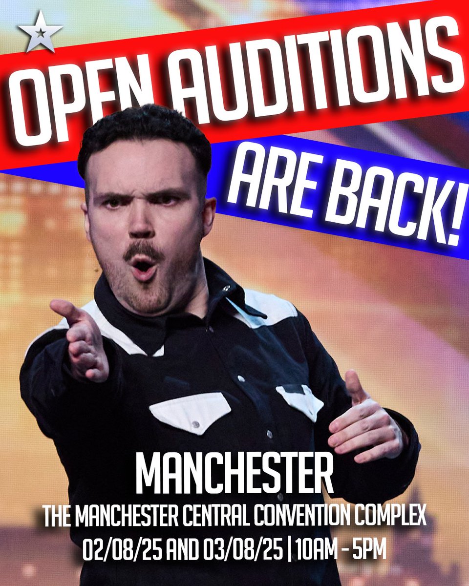 BGT's tweet image. Manchester, show us your TALENT! 🇬🇧🎤
#BGT Series 19 open auditions are coming on 2-3 August and we want to see YOU. Get more info here: itv.com/britainsgottal…
