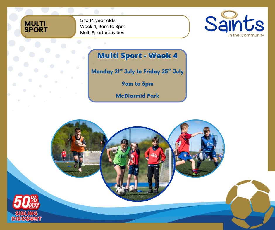 🏅l Multi-Sport activities return to McDiarmid Park NEXT WEEK!  

Our Multi-Sport Camps encourage children to participate in a variety of sports to provide them with a well-rounded foundation for both athletic &amp; personal development!

Final spaces ⤵️
bookings.saintsinthecommunity.co.uk/project/68092