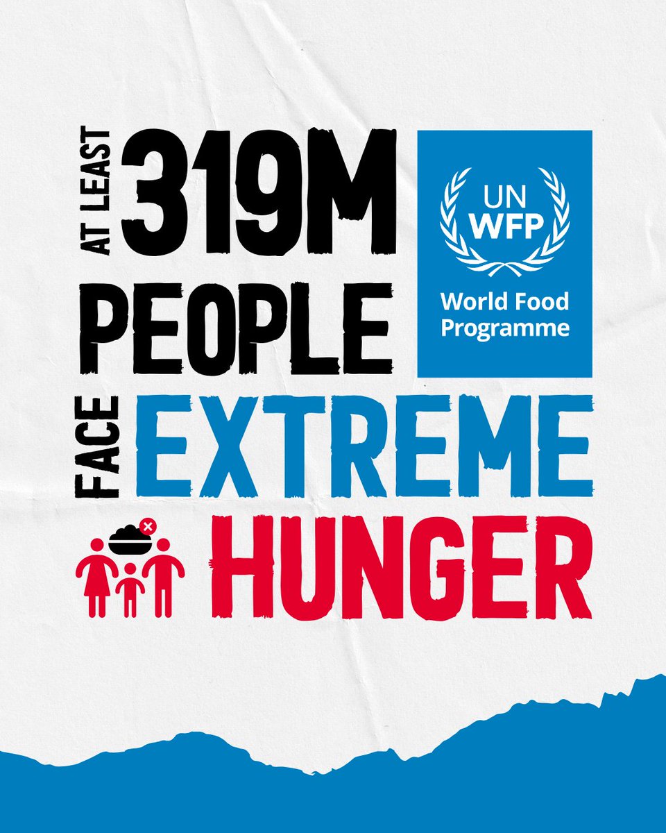 WFP's tweet image. 🚨At least 319 million people face acute levels food insecurity today.🚨
Conflict, extreme weather events and soaring food prices push families to the brink. WFP assistance delivers food, restores hope, and saves lives.
Hunger is preventable.