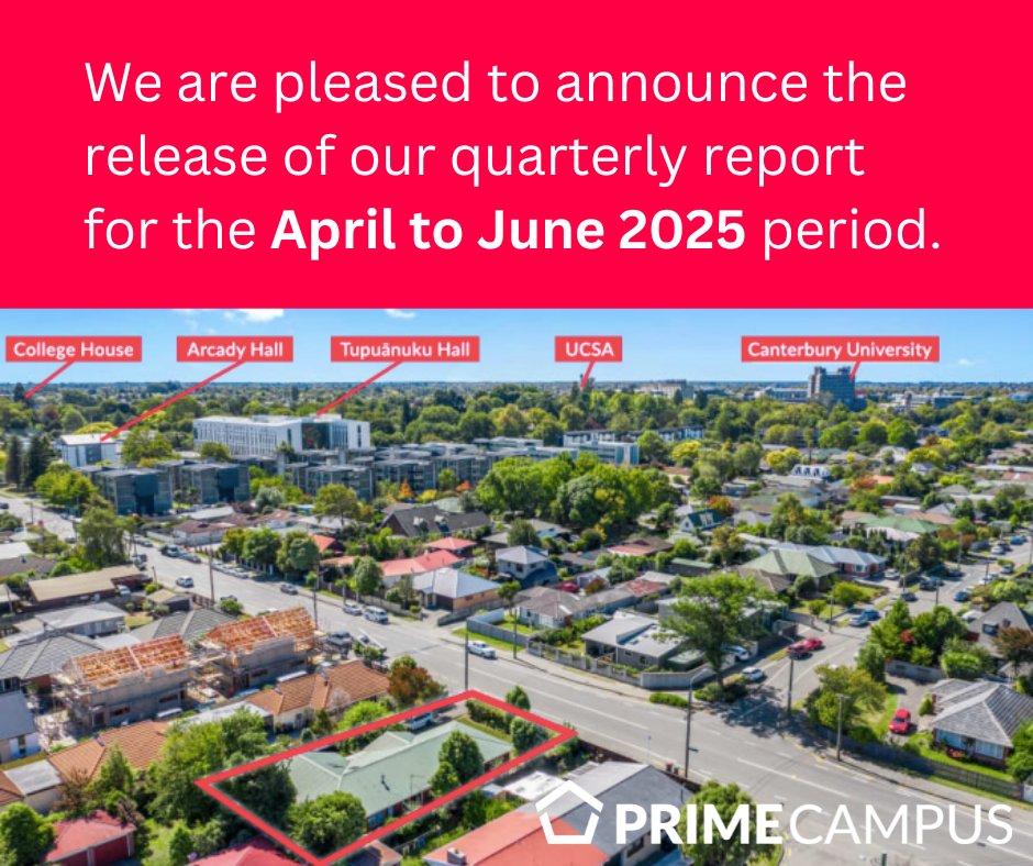 primecampus's tweet photo. We are pleased to announce the release of our quarterly report for the April to June 2025 period, which includes the purchase of 55 Waimairi Road, Christchurch (photo). https://t.co/HCgOYhl71l #studenthousing #investment #realestate https://t.co/8Bqg5gDC3G