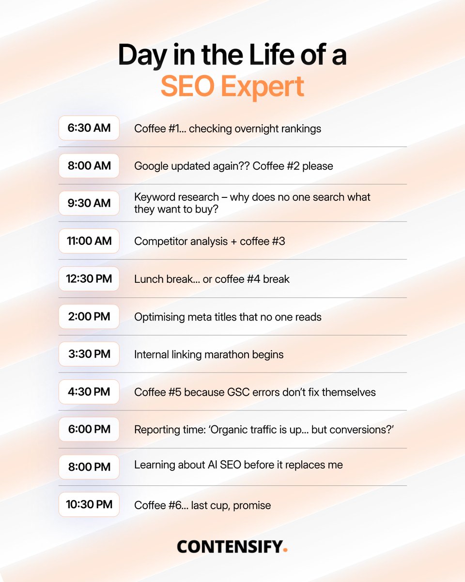 Wonder what a marketer's life looks like?

Well, here's a glimpse of ours.

What does your day look like?

contensifyhq.com

#contentmarketing #seoagency #marketingagency #seotips #b2bsaas