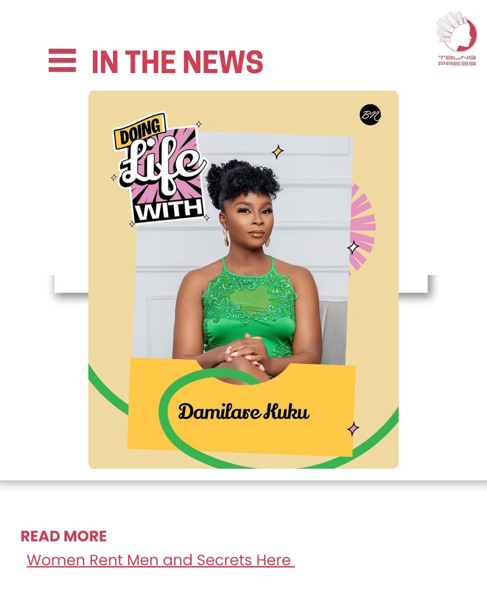 TBLNG Press (@tblng_press) on Twitter photo We love seeing our authors shine! ✨✨✨
<a href="/thedamilarekuku/">Damilarekuku</a> got featured on <a href="/bellanaija/">BellaNaija</a>’s “Doing Life With” series. She talks about life, storytelling, and her soon to be released third book— WRMASH and the revised edition of Nearly All the Men in Lagos are Mad. We love seeing our authors shine! ✨✨✨
<a href="/thedamilarekuku/">Damilarekuku</a> got featured on <a href="/bellanaija/">BellaNaija</a>’s “Doing Life With” series. She talks about life, storytelling, and her soon to be released third book— WRMASH and the revised edition of Nearly All the Men in Lagos are Mad.