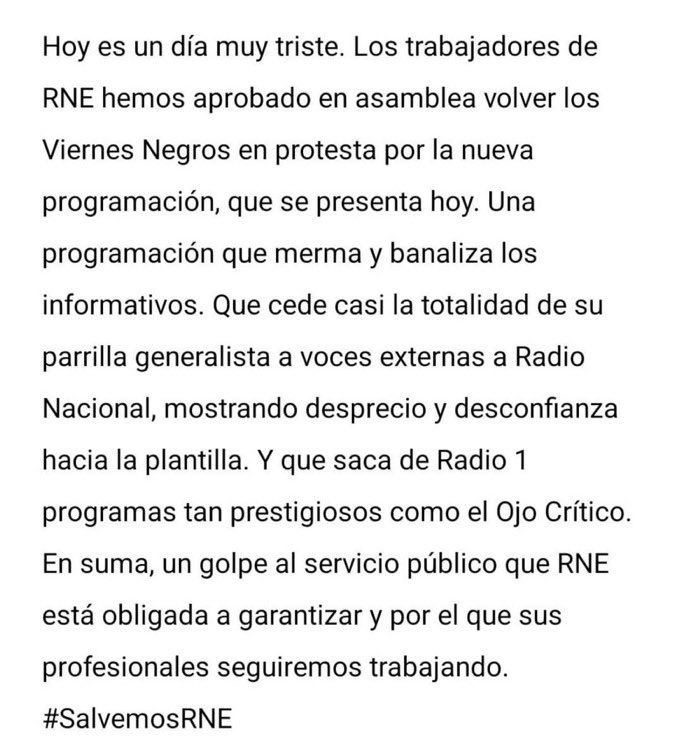 #salvemosRNE. 
Volvemos a los viernes de negro, también en las Unidades Informativas de RTVE, en las provincias. #serviciopublico