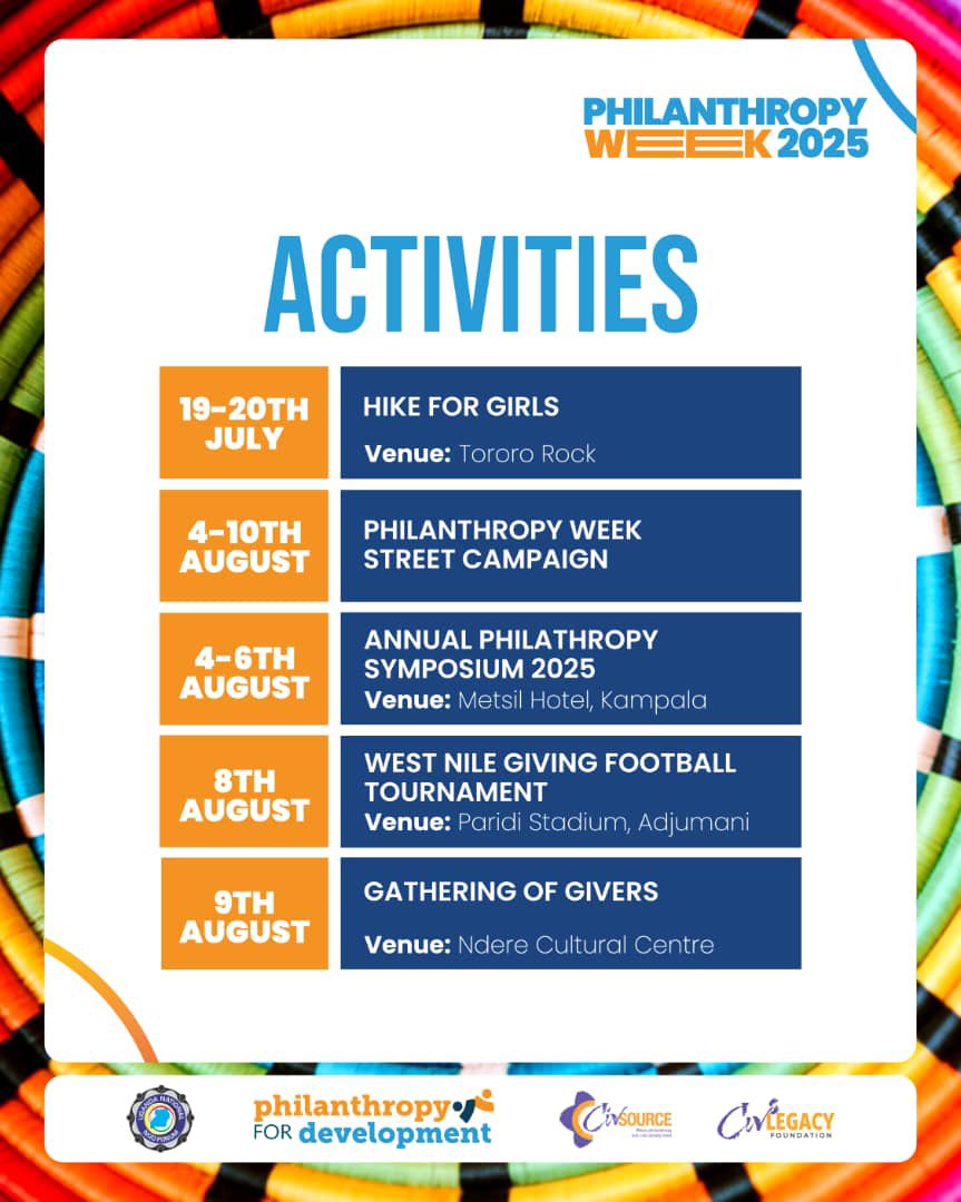 🗓️The Count Down Is On🤜🏾

🌄 Hike for Girls
🎭 Street Campaigns
🧠 Symposium Sparks
⚽ Football With Heart
🎉 The Gathering of Givers

From Tororo Rock to Ndere Centre, Uganda’s generous spirit is going LIVE this Philanthropy Week 2025. 

Join the ripple. 💪🏾🙌🏾
#OmutimaOmugabi