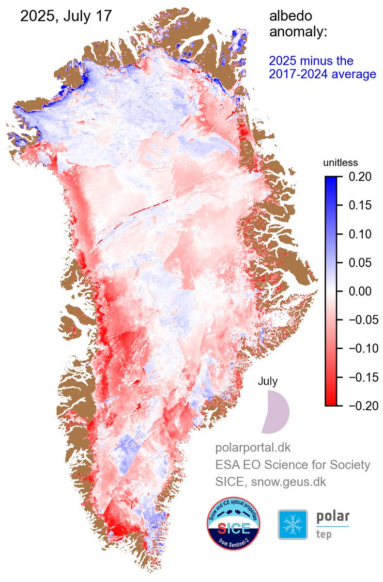 Prof. Jason Box ⚡️ (@climate_ice) on Twitter photo entering the usual peak weeks of the melt season, Greenland 'whiteness' aka 'albedo' is roller coastering and currently on the dark side after a snowy period end of June to ~12 July
#Sentinel3 <a href="/CopernicusEU/">Copernicus EU</a> entering the usual peak weeks of the melt season, Greenland 'whiteness' aka 'albedo' is roller coastering and currently on the dark side after a snowy period end of June to ~12 July
#Sentinel3 <a href="/CopernicusEU/">Copernicus EU</a>