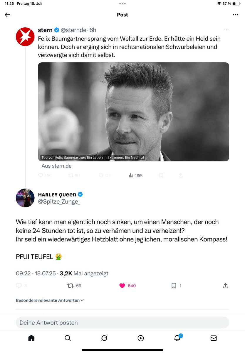 Ihr habt mich ja blockiert <a href="/sternde/">stern</a> , also dann auf diesem Weg❗️
Wie feige und erbärmlich kann man sein, einen verstorbenen Sportler kurz nach seinem Unfall so durch den Dreck zu ziehen❓
Was für eine widerlicheGesinnung muss man haben, um so unterwegs zu sein❓
Ihr wollt als