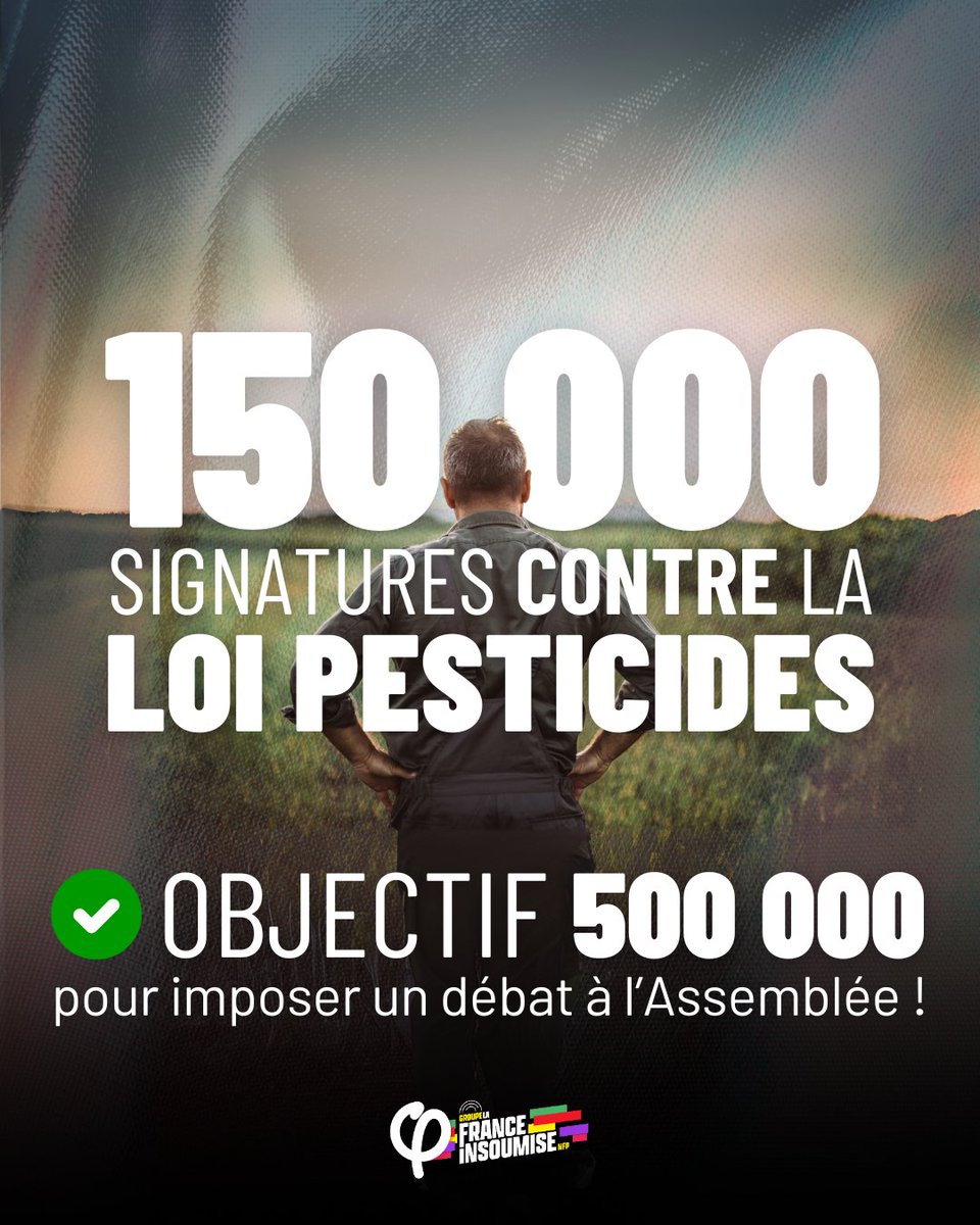 FiAssemblee's tweet image. 🔴⚡️ INCROYABLE ! Déjà plus de 150 000 signatures pour la pétition citoyenne contre la #LoiPesticides !
📢 Objectif 500 000 pour en débattre dans l'hémicycle de l'Assemblée nationale.
✅ Pour l'abrogation de la loi Duplomb : petitions.assemblee-nationale.fr/initiatives/i-…