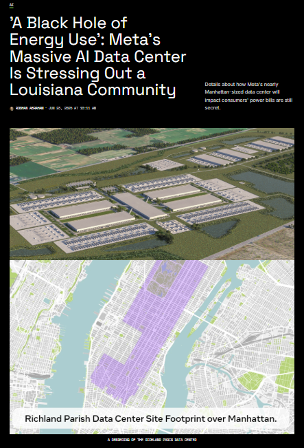 8yhl8's tweet photo. When we imagine the AI boom…
We think of ChatGPT…
Smart assistants…
Or viral AI tools on our phones.

But here’s something you don’t usually see on your feed 👇

In a small rural corner of Louisiana...
Meta (yes, Facebook / Instagram Meta) is building one of the largest AI data centers in the US.
📍 Over 4 million square feet
📍 2.3 gigawatts of power needed (that’s like adding a whole new small city to the grid overnight)
📍 3 new gas plants just to keep it running

And guess who’s helping foot the bill?
Local residents…
In one of the poorest regions in the state.
Where people already struggle with high energy costs.

The wild part?
Details about Meta’s energy deal are still secret.
And many Louisiana families may soon see their utility bills creep up... just to keep AI servers cool and running 24/7.

It’s like…
On one side: 🧠 “AI Innovation at scale”
On the other: 💸 “Higher monthly bills for people who may never use these AI tools at all.”

I get that AI infrastructure needs power…
But should rural communities be the ones paying the price for global tech giants?

Curious what you think:
Is this the price of progress?
Or is the system broken?

#AI #EnergyCrisis #TechEthics #MetaAI #DataCenter #ClimateImpact #DigitalDivide #InfrastructureCosts #BigTech #AIExpansion