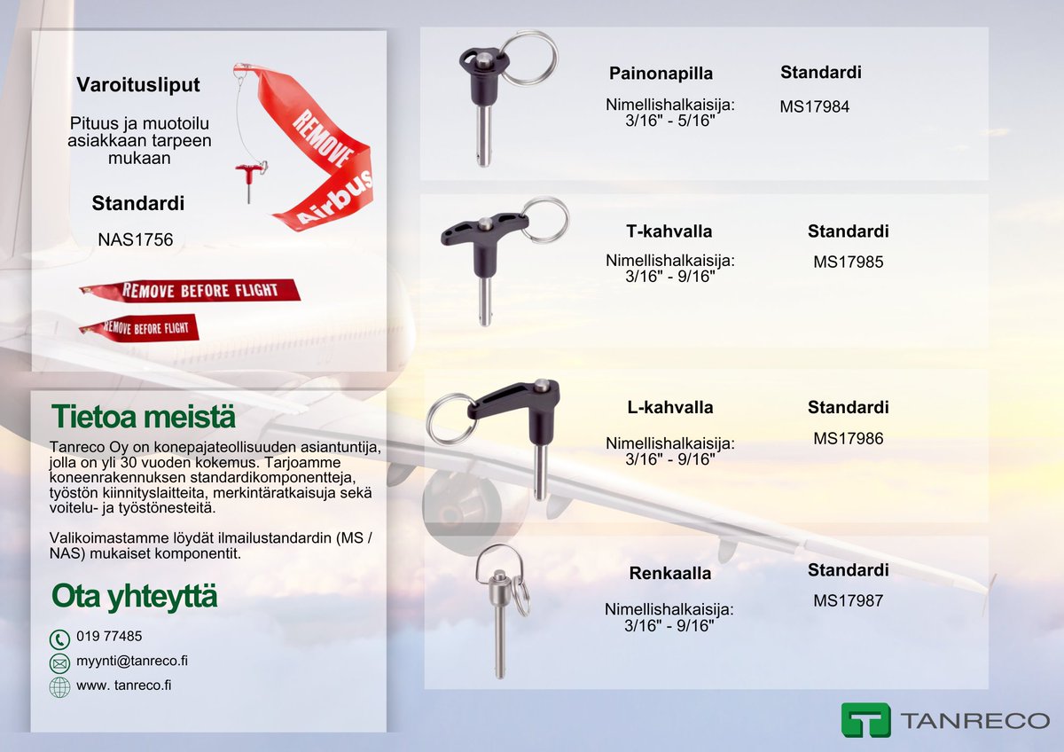 TanrecoOy's tweet image. ✈️ Ilmailulaatua Halderilta!
Yksitoimiset kuulalukitustapit MS/NAS-standardien mukaan:
🔹 Painonapilla
🔹 T-, L- tai rengaskahvalla
🛠 Soveltuu ilmailuun, GSE- ja MRO-käyttöön.
#Halder #MRO #GSE #ilmailuteollisuus #NAS1333 #MS17984 #kuulalukitustappi