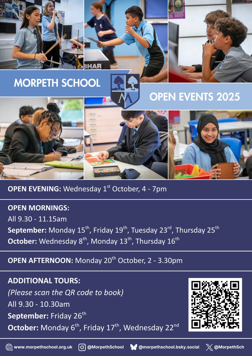 MorpethSch's tweet image. Thank you to all our Year 5 families who joined us for this week’s coffee morning & afternoon.
Our autumn open events are coming up soon and are open to all prospective students and their families. We’d love to see you there!
Full details and booking link: vist.ly/3ybwv