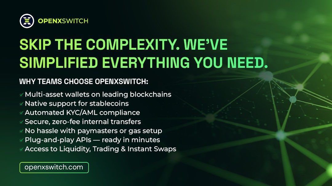 OpenXSwitch's tweet image. @OpenXSwitch, we’re making blockchain wallet integration easier for everyone.

We help businesses cut through the complexity so they can build faster, stay compliant, and grow across multiple chains, without hitting roadblocks.

👉🏻 openxswitch.com