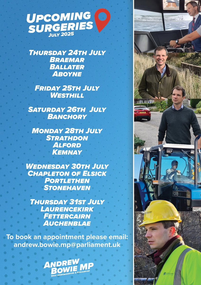 AndrewBowie_MP's tweet image. 🌞 As Parliament approaches summer recess I’ll be holding my usual surgery tour
👉 If you wish to attend any of the surgeries, get in touch with the office to book an appointment
📬 Unit 6, 75 Highstreet, Banchory, AB31 5TJ
☎️ 01330 705013
📧 andrew.bowie.mp@parliament.uk