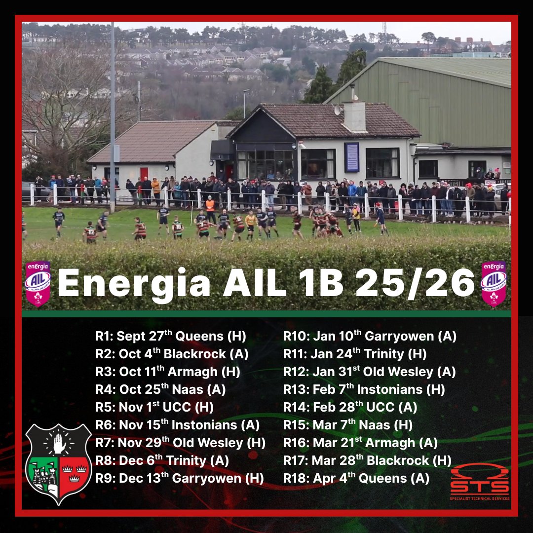 📅 The 2025/26 Energia AIL 1B fixtures are here! 
Time to mark the dates and get ready for another big season 🏉This season sees <a href="/GarryowenFC/">Garryowen FC</a>  and <a href="/CityOfArmaghRFC/">City of Armagh RFC</a> return to 1B, as well as <a href="/InstoniansRugby/">Instonians Rugby</a> - our first meeting since Division 3, 15 years ago🔴⚫️🟢
#comeonthefield