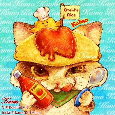 アイコン用イラスト 「オムライス帽子とねこ」 出品致しました! ◇ID表記無し◇背景白◇背景透過 上記のセットをコチラで販売しております ▼ ご覧いただけますと嬉しいです よろしくお願いいたします #食べ物イラスト #アイコン用イラスト #猫